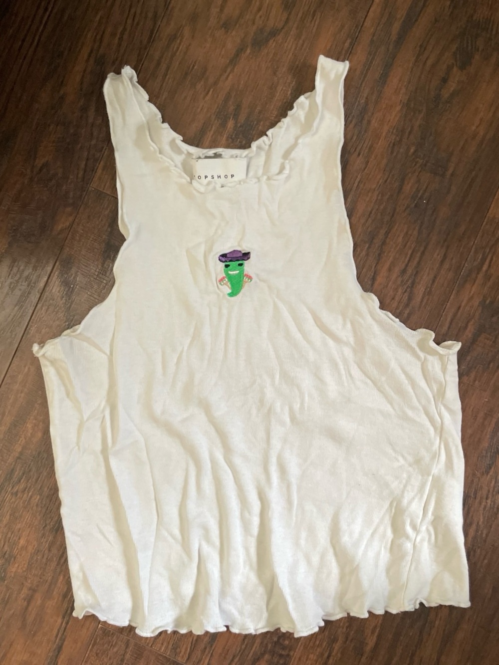Topshop Cream Ruffled Tank with Green Embroidered Patch